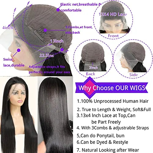180% Density 26″ Pre-Plucked Brazilian Straight Lace Front Wigs for Black Women - Natural Hairline &amp; Baby Hair