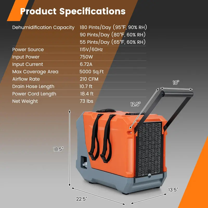 180-Pint Crawl Space Dehumidifier ¨C Commercial-Grade Unit with Built-In Pump. Drain Hose &amp; Auto Defrost (Covers Up to 6.000 Sq. Ft)