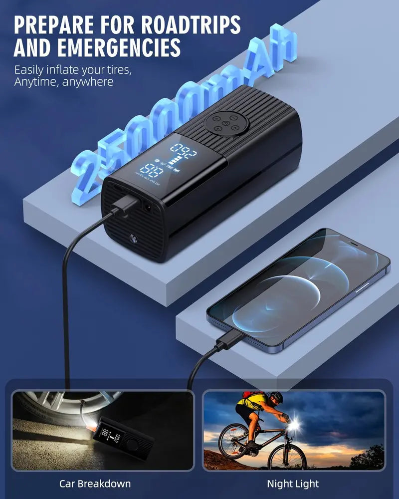 180 PSI Portable Tire Inflator ¨C High-Capacity 25000mAh Air Compressor with LED Light & Rapid 3X Inflation