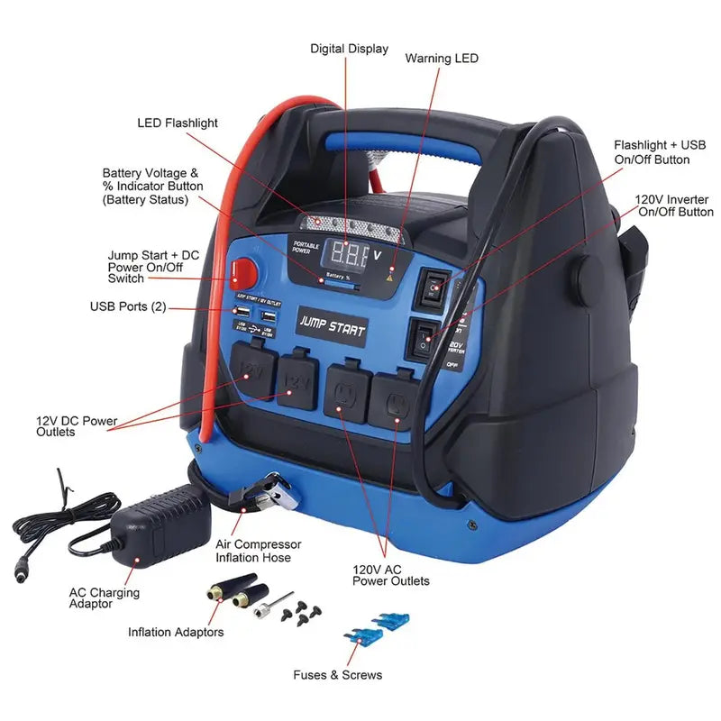 1800A Rechargeable Jump Starter with Built-in Air Compressor ¨C Heavy-Duty Portable Battery Booster for Gas &amp; Diesel Vehicles