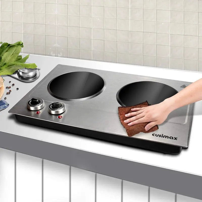 1800W Dual-Zone Ceramic Hot Plate ¨C Infrared Countertop Cooktop with Independent Controls. Tempered Glass Surface. Silver & Stainless Steel Finish