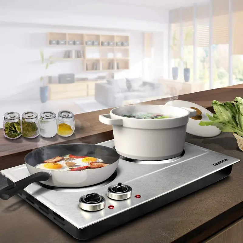 1800W Dual-Zone Ceramic Hot Plate ¨C Infrared Countertop Cooktop with Independent Controls. Tempered Glass Surface. Silver & Stainless Steel Finish