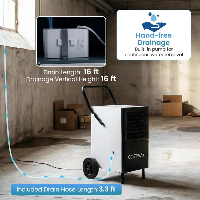 189-Pint Industrial Dehumidifier Featuring Drain Pump. 3.3-Foot Hose & Casters