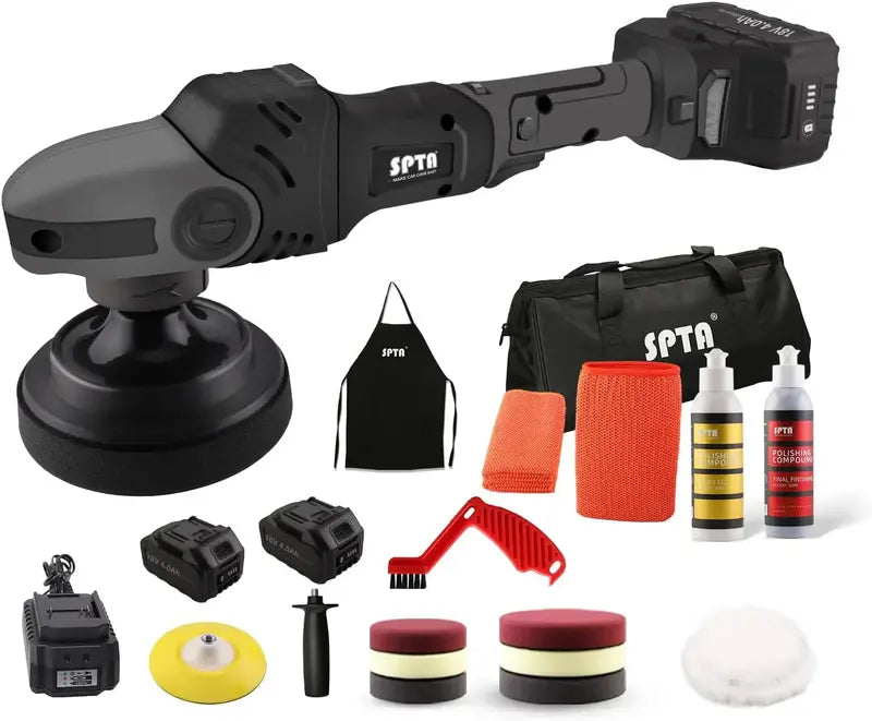 18V Cordless Rotary Buffer Polisher ¨C 4″ &amp; 5″ Variable-Speed Car Detailing Tool with Dual Batteries. Backing Plates &amp; 8-Pad Kit (6 Foam + 2 Wool)