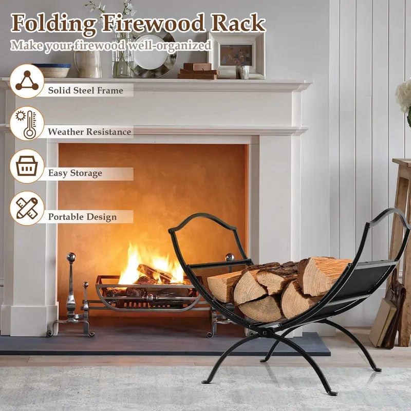 19-Inch Portable Folding Firewood Rack ¨C Sturdy Steel Fireplace Log Carrier