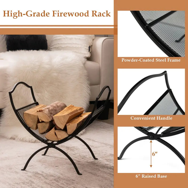 19-Inch Portable Folding Firewood Rack ¨C Sturdy Steel Fireplace Log Carrier