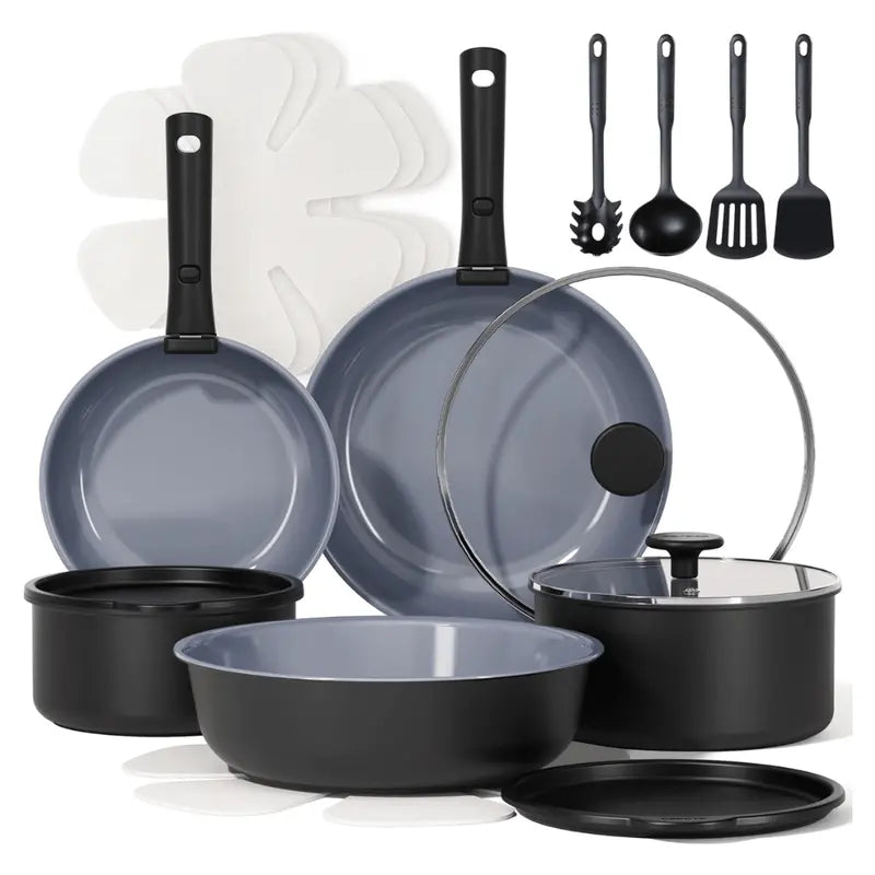 19-Piece Granite-Coated Nonstick Cookware Set with Detachable Heat-Resistant Handles