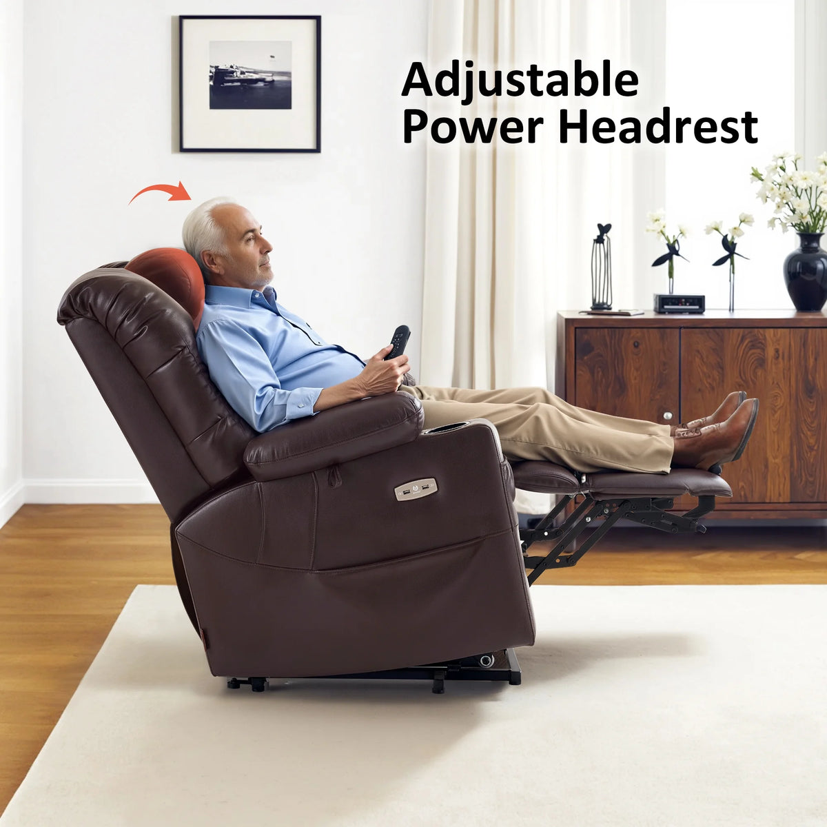 Mcombo Triple Motor Power Lift Recliner for Elderly. Sleep Recliner Sofa with Adjustable Headrest. Faux Leather. Dark Brown