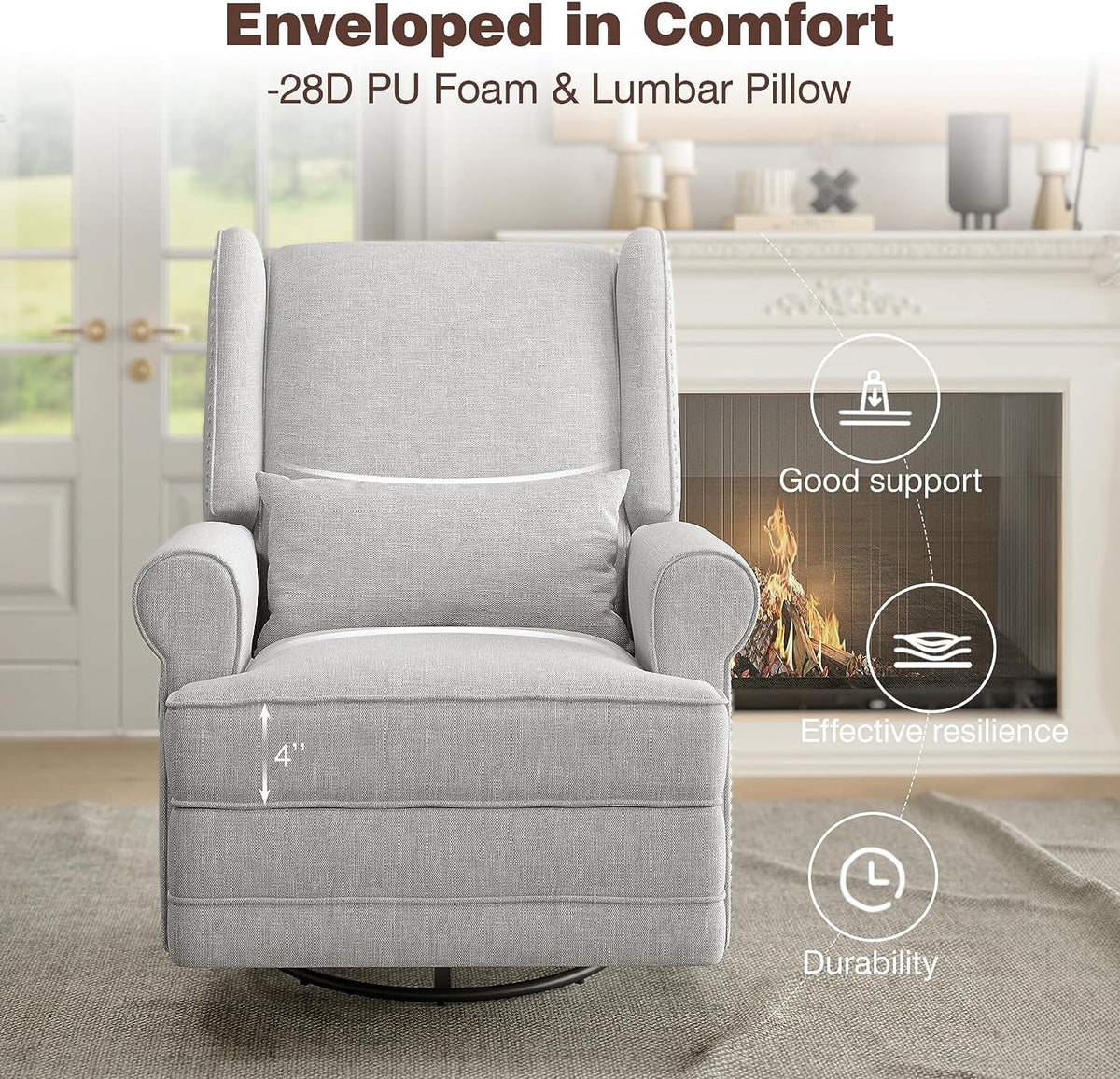 Royalcraft Swivel Nursery Glider Recliner. Comfy Upholstered Glider Chair with Lumbar Pillow and Footrest. Beige
