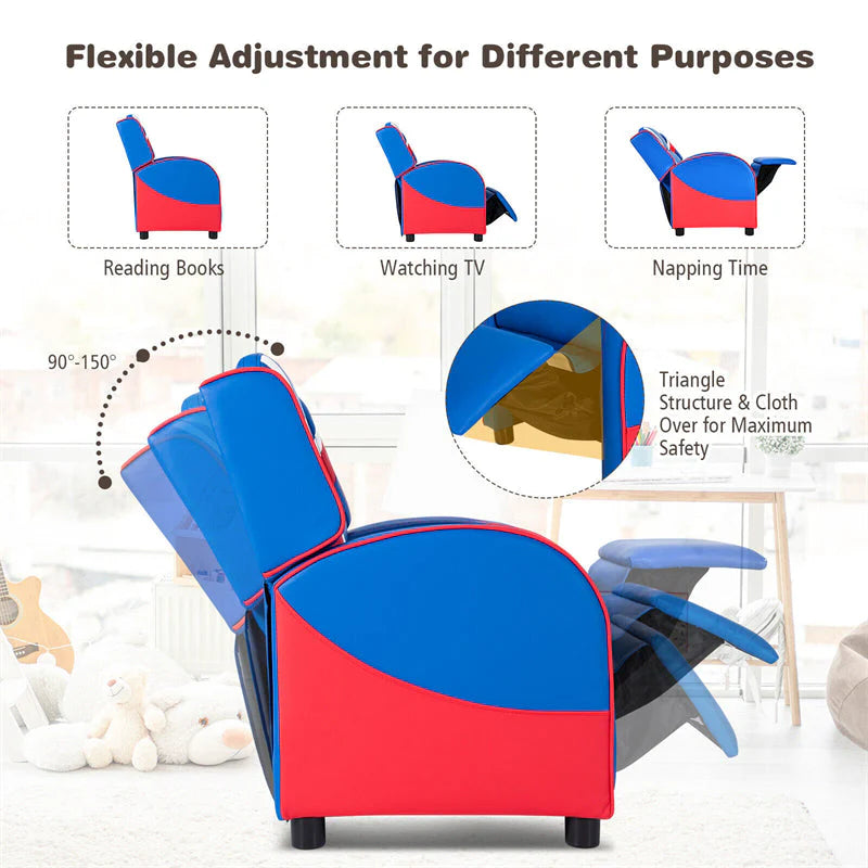 Kids Recliner Chair. Adjustable PU Leather Gaming Sofa with Footrest. Lumbar Support & Side Pockets. Ergonomic Children Lounge Armchair
