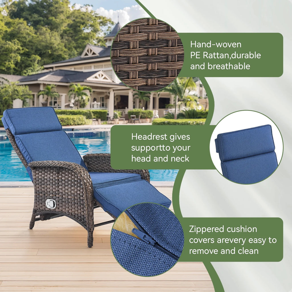 OPOHORO Outdoor Recliner Chair. Adjustable Reclining Patio Chair with Cushion. Wicker Outdoor Chaise Lounge with Adjustable Backrest and Footrest. Ideal for Pool Deck. Beige