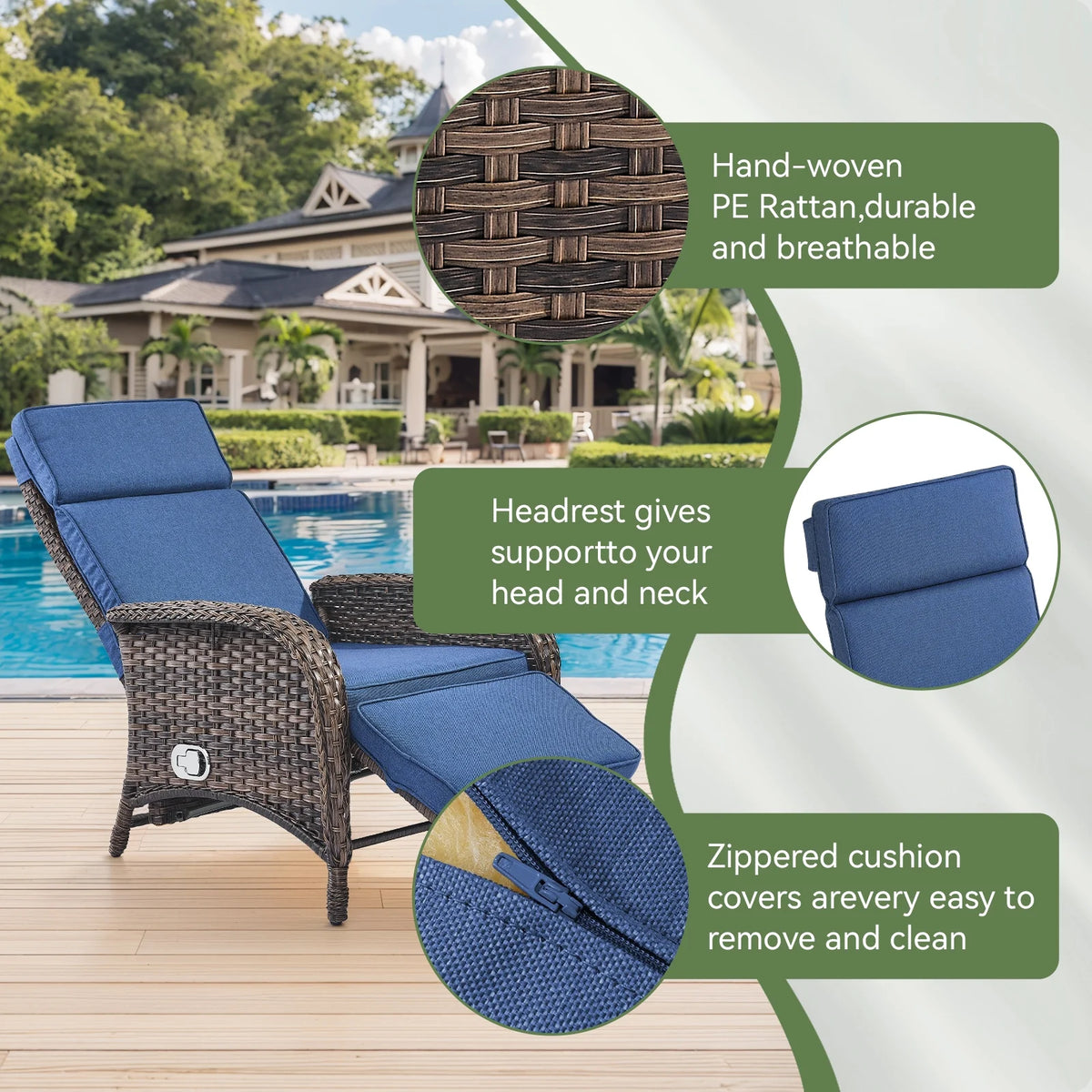 OPOHORO Outdoor Recliner Chair. Adjustable Reclining Patio Chair with Cushion. Wicker Outdoor Chaise Lounge with Adjustable Backrest and Footrest. Ideal for Pool Deck. Beige