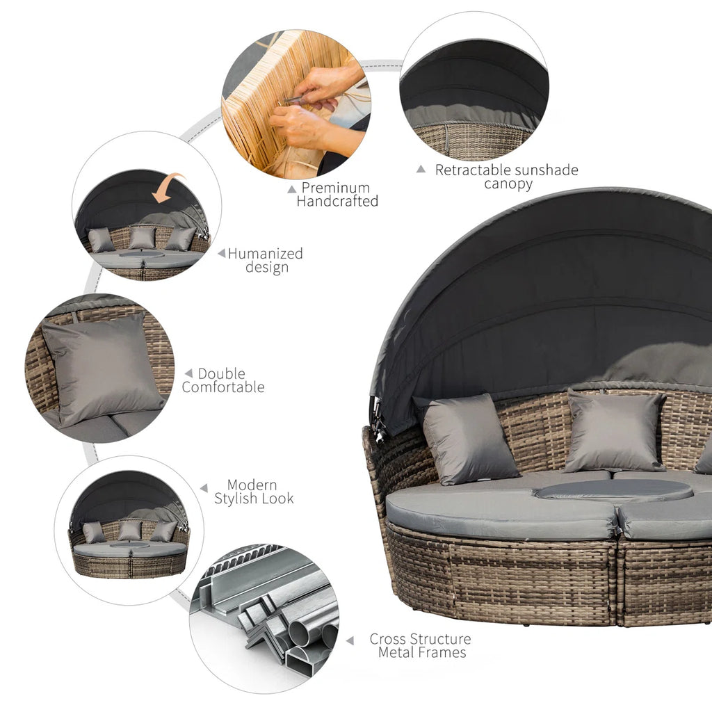 Jazmyne Outsunny 4 Piece Round Rattan Daybed. Convertible Patio Furniture Set. Adjustable Sun Canopy. Sectional Outdoor Sofa. 2 Chairs. Extending Tea Table Ottoman Chair. 3 Pillows