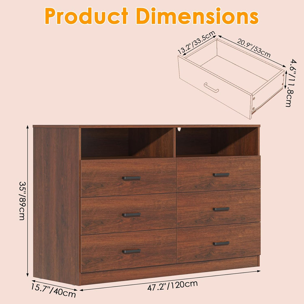 Bigbiglife Wood Dresser for Bedroom. 6 Drawer Double Dresser. Modern Chest of Drawers with Deep Drawers. Large Storage Organizer for Living Room. Closet