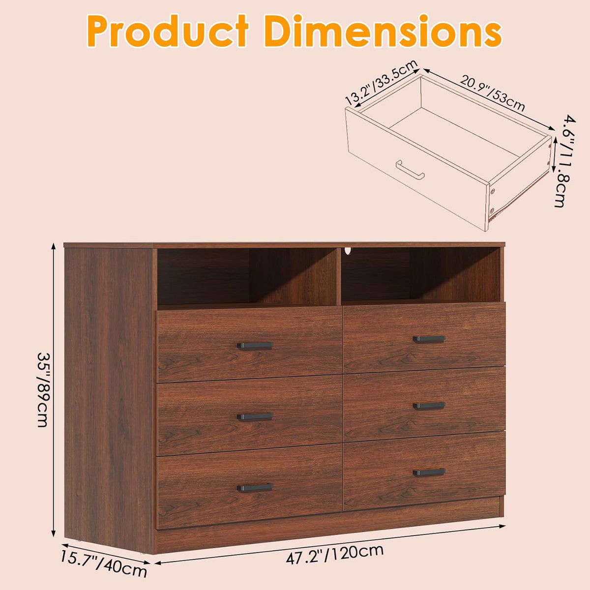 Bigbiglife Wood Dresser for Bedroom. 6 Drawer Double Dresser. Modern Chest of Drawers with Deep Drawers. Large Storage Organizer for Living Room. Closet