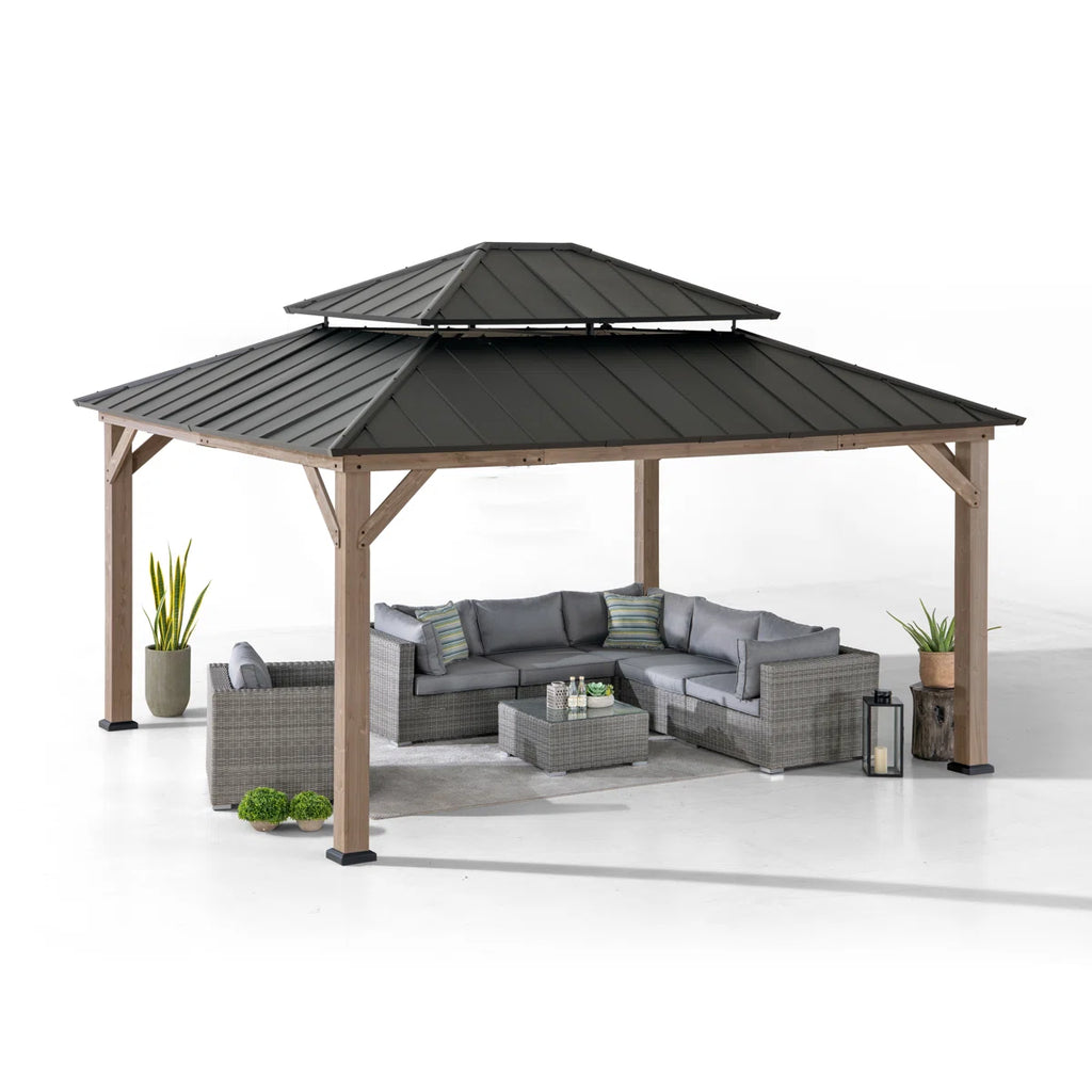 Sunjoy 13 x 15 ft. Wood Gazebo. Outdoor Patio Steel Hardtop Gazebo. Cedar Framed Wooden Gazebo with 2-Tier Metal Roof. Suitable for Patios. Lawn and Backyard