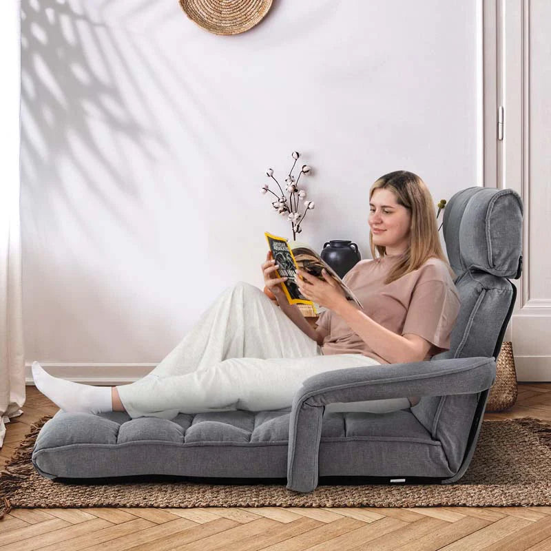 6-Position Adjustable Floor Sofa Bed. Folding Lazy Sofa Chaise Lounger Recliner with Armrests & Footrests for Living Room. Bedroom & Gaming