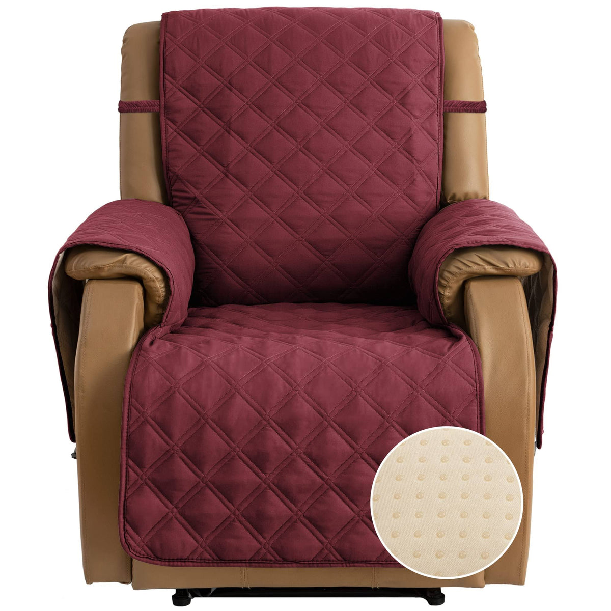 TOMORO Non-Slip Quilted Recliner Cover - 100% Waterproof Recliner Chair Slipcover Furniture Protector with 5 Storage Pockets. WA. Burgundy
