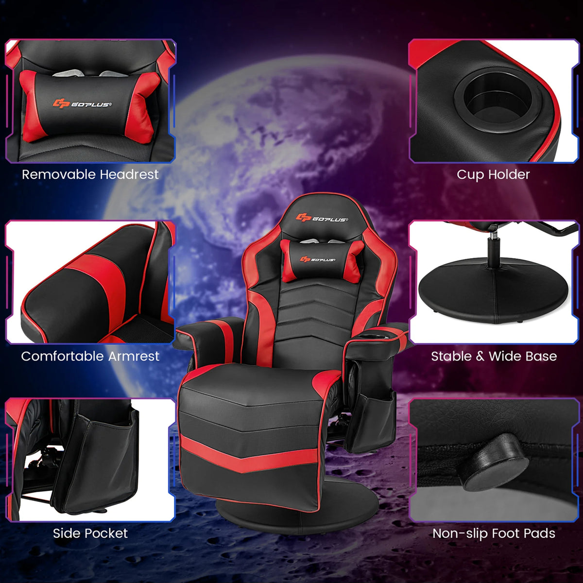 Goplus Massage Gaming Recliner Height Adjustable Racing Swivel Chair with Cup Holder Red