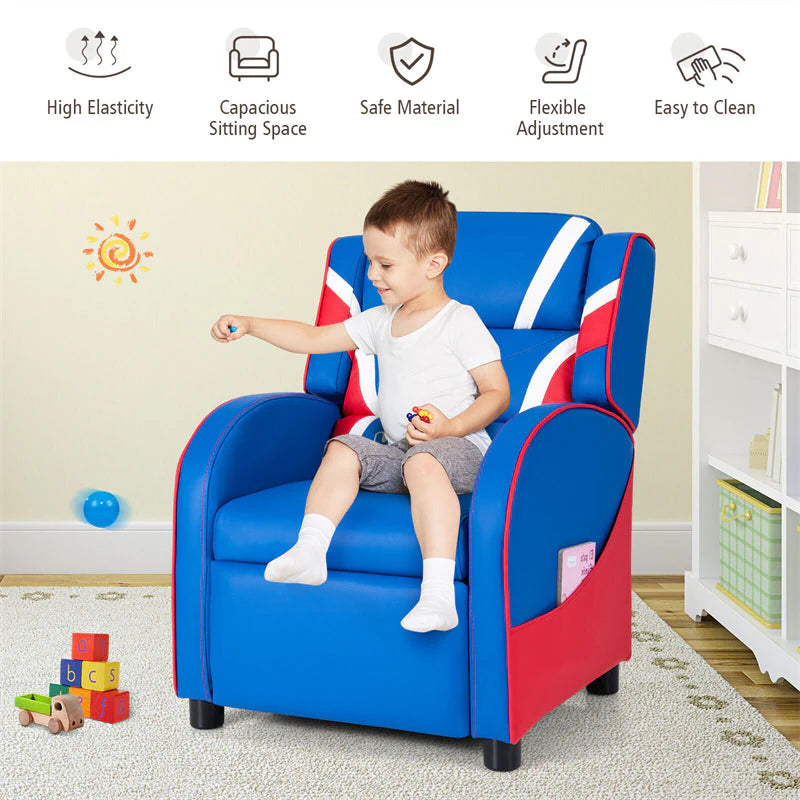 Kids Recliner Chair. Adjustable PU Leather Gaming Sofa with Footrest. Lumbar Support & Side Pockets. Ergonomic Children Lounge Armchair