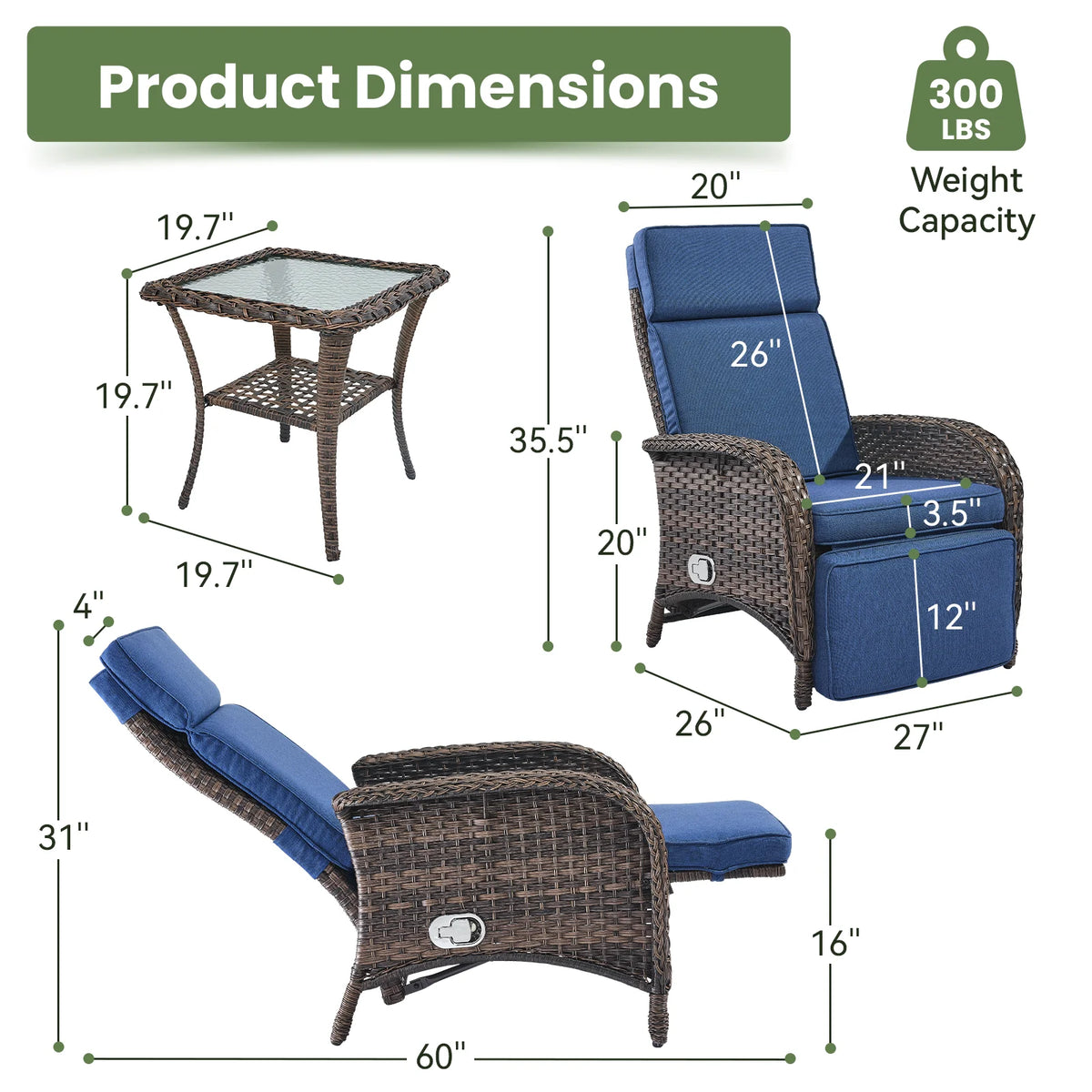 OPOHORO Outdoor Recliner Chair. Adjustable Reclining Patio Chair with Cushion. Wicker Outdoor Chaise Lounge with Adjustable Backrest and Footrest. Ideal for Pool Deck. Beige