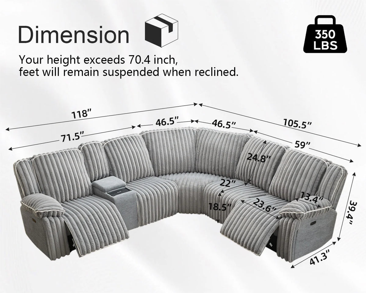 Power Reclining Sectional Sofa with Wireless Charger. 6 - Seater Faux Fur Sectional with Recliners. Hidden Cup Holders. Storage Console. USB & Type - C Ports. Black