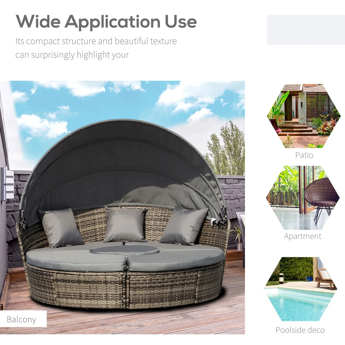 Jazmyne Outsunny 4 Piece Round Rattan Daybed. Convertible Patio Furniture Set. Adjustable Sun Canopy. Sectional Outdoor Sofa. 2 Chairs. Extending Tea Table Ottoman Chair. 3 Pillows