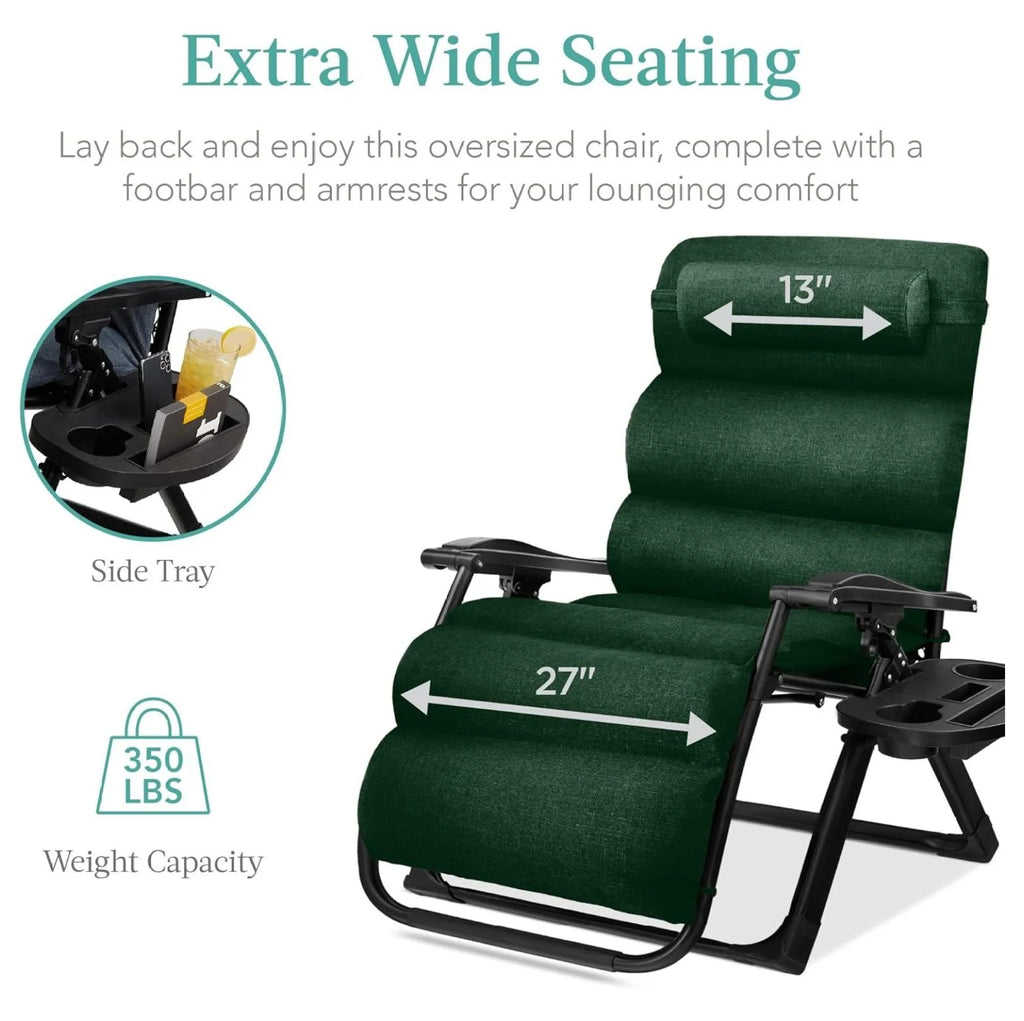 Oversized Chair. Folding Outdoor Patio Recliner. XL Anti Gravity Lounger W/Removable Cushion. Cup Holder. Side Tray. 350 lb Capacity - Taupe