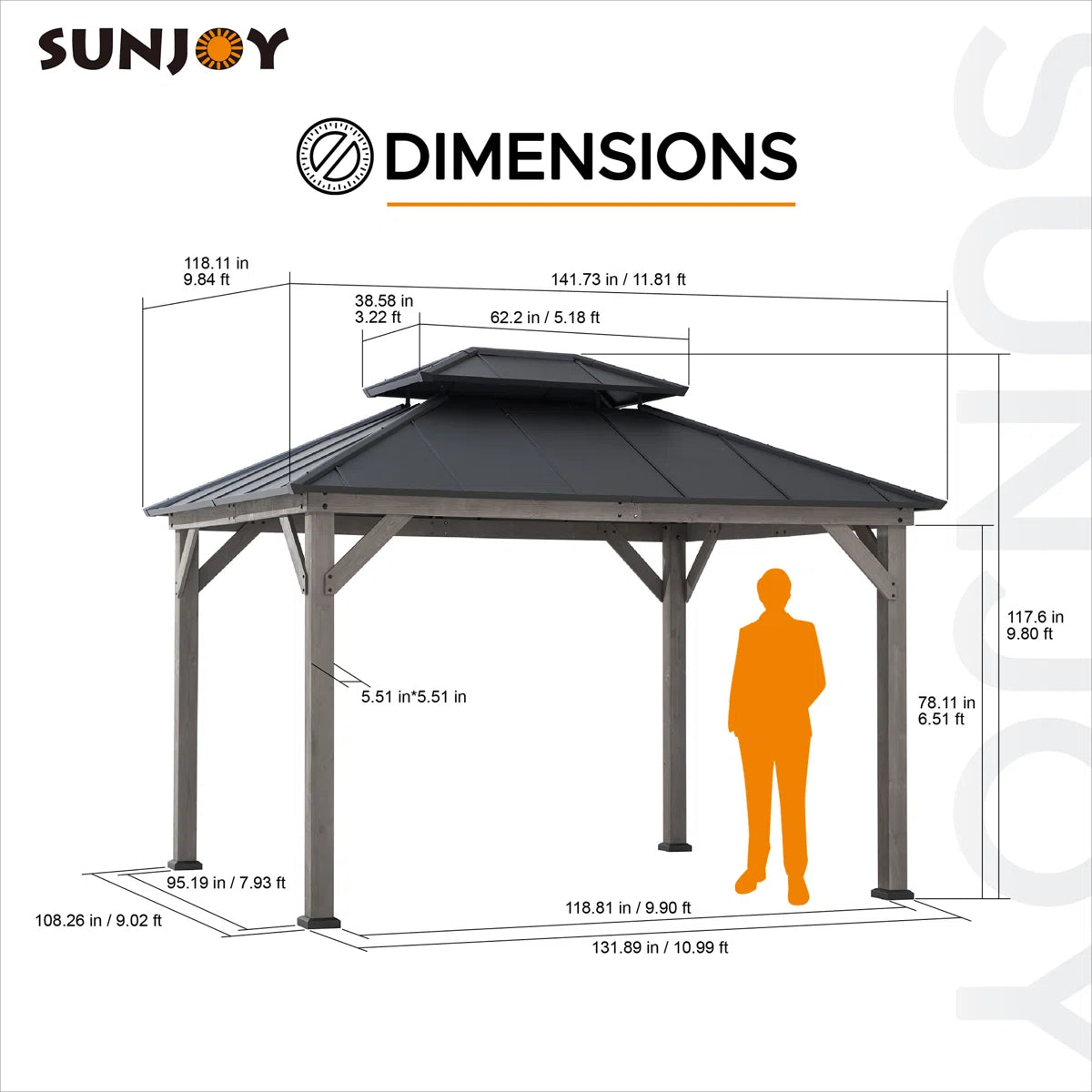 Sunjoy 10 x 12 ft. Wood Gazebo. Outdoor Patio Steel Hardtop Gazebo. Cedar Framed Wooden Gazebo with 2-Tier Metal Roof. Suitable for Patios. Lawn and Backyard