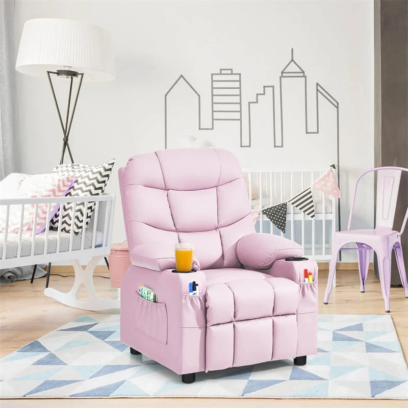 Kids Recliner Chair PU Leather Adjustable Lounge Sofa with Cup Holder. 3 Pockets & Retractable Footrest. Ergonomic Toddler Furniture Sofa