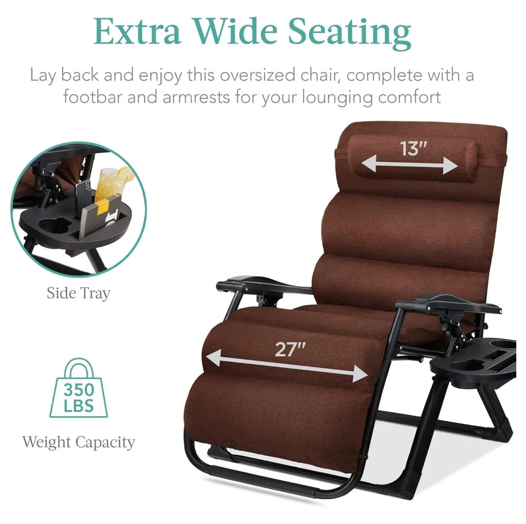 Oversized Chair. Folding Outdoor Patio Recliner. XL Anti Gravity Lounger W/Removable Cushion. Cup Holder. Side Tray. 350 lb Capacity - Taupe
