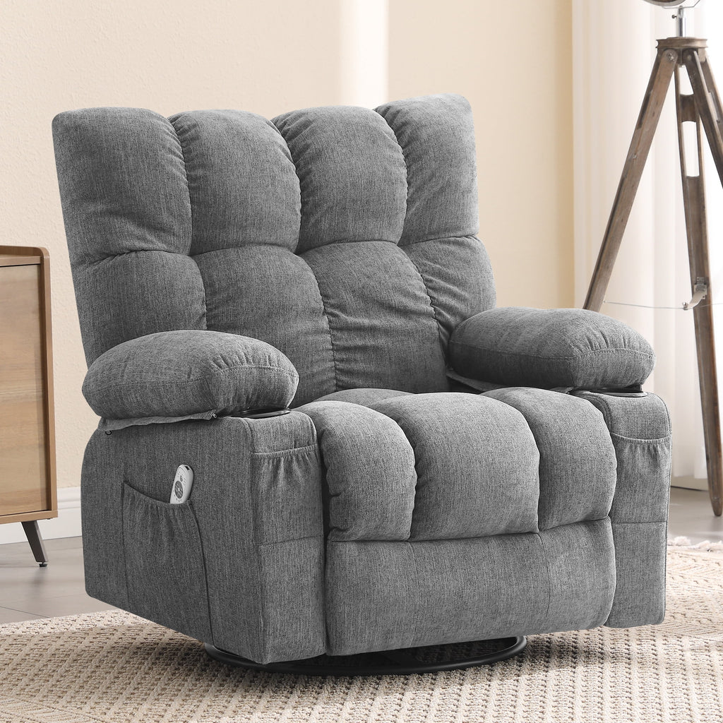 JONPONY Manual Recliner Chair with Heat Therapy and Massage Function. Heavy Duty Reclining Mechanism Massage Chair. Elderly Single Rocker Sofa with Cup Holders for Bedroom Home Theater. Grey