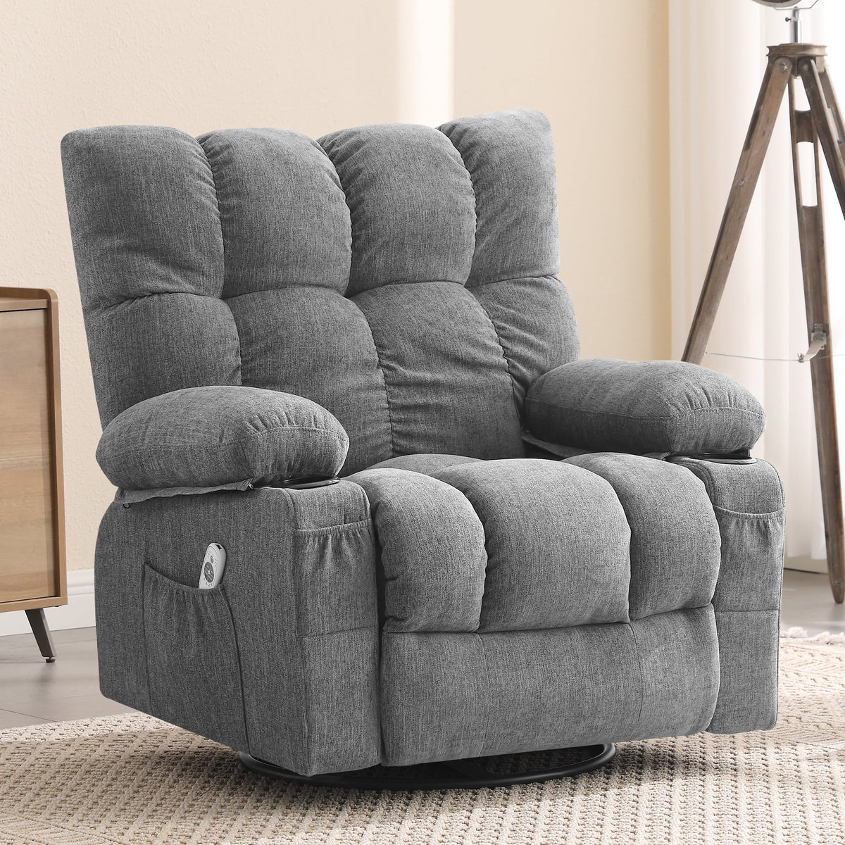 JONPONY Manual Recliner Chair with Heat Therapy and Massage Function. Heavy Duty Reclining Mechanism Massage Chair. Elderly Single Rocker Sofa with Cup Holders for Bedroom Home Theater. Grey