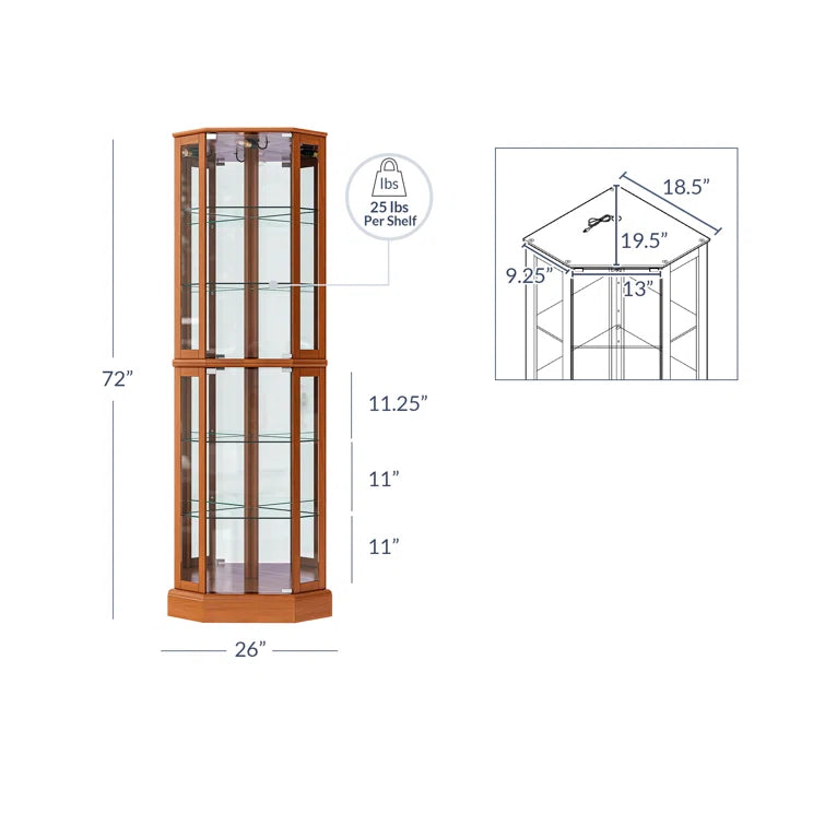 Schmidt Wood/Glass Lighted Corner Curio Cabinet 72 H