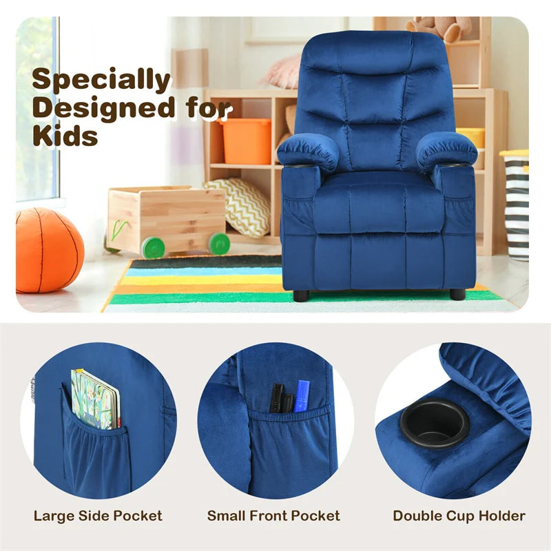 Kids Recliner Chair Adjustable Velvet Lounge Sofa with Cup Holders. 3 Pockets. Retractable Footrest. Toddler Furniture Sofa for Boys Girls Room