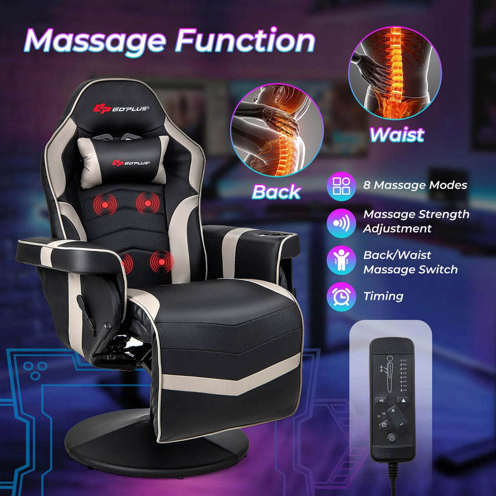 Goplus Massage Gaming Recliner Height Adjustable Racing Swivel Chair with Cup Holder Red