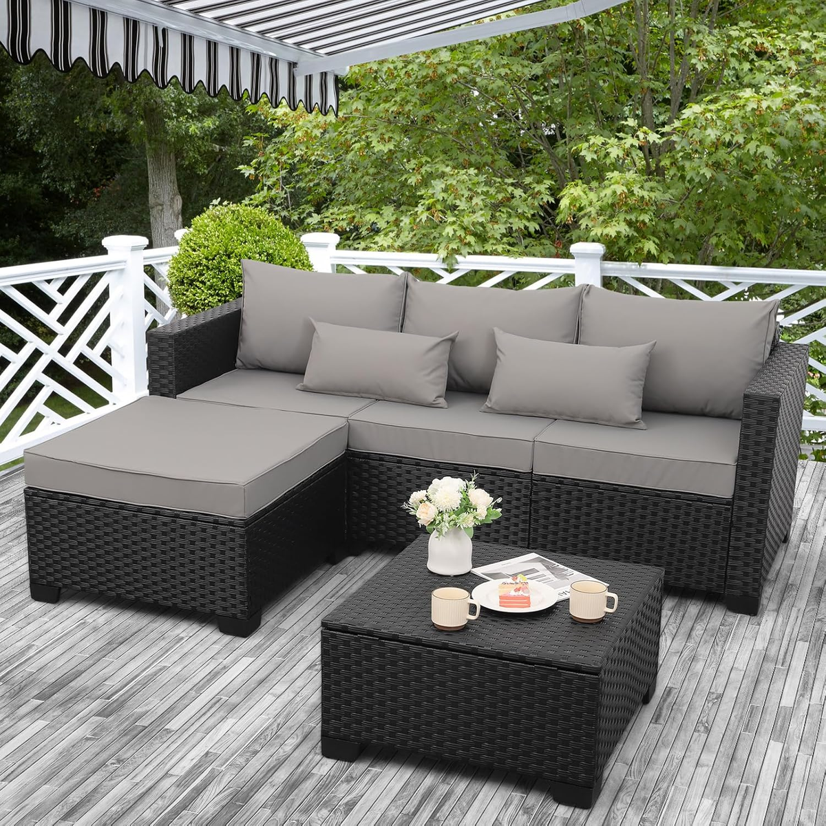 Rattaner Outdoor Furniture Set 3 Pieces Wicker Patio Furniture Outdoor Sectional Patio Couch Outdoor Coffee Table with Storage All-Weather Non-Slip Cushions Waterproof Covers