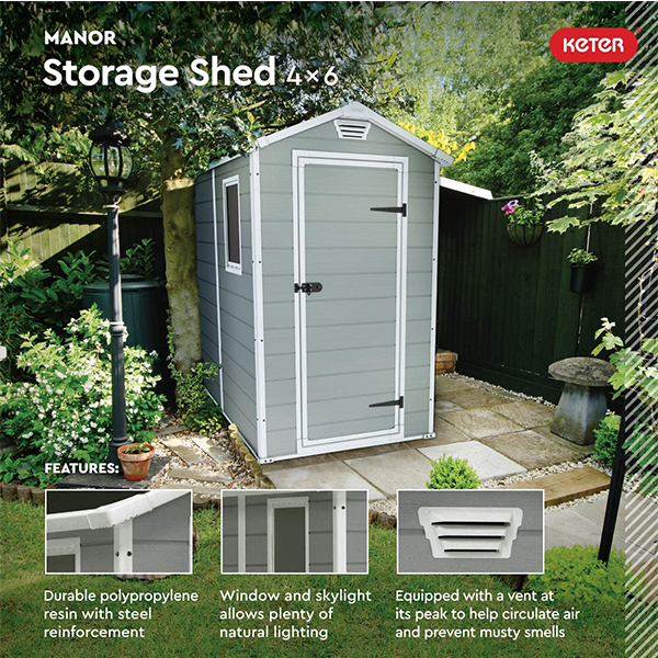 4×6 Resin Outdoor Storage Shed Kit-Perfect to Store Patio Furniture. Garden Tools Bike Accessories. Beach Chairs and Lawn Mower. Grey & White