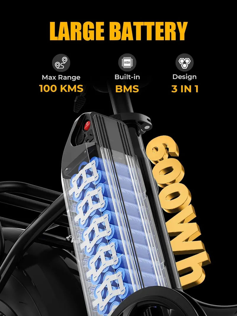 2.0 Electric Fat-Tire E-Bike ¨C 1400W Peak Motor. 45 km/h Top Speed. 20¡Á4¡å All-Terrain Tires. Folding Step-Through Frame
