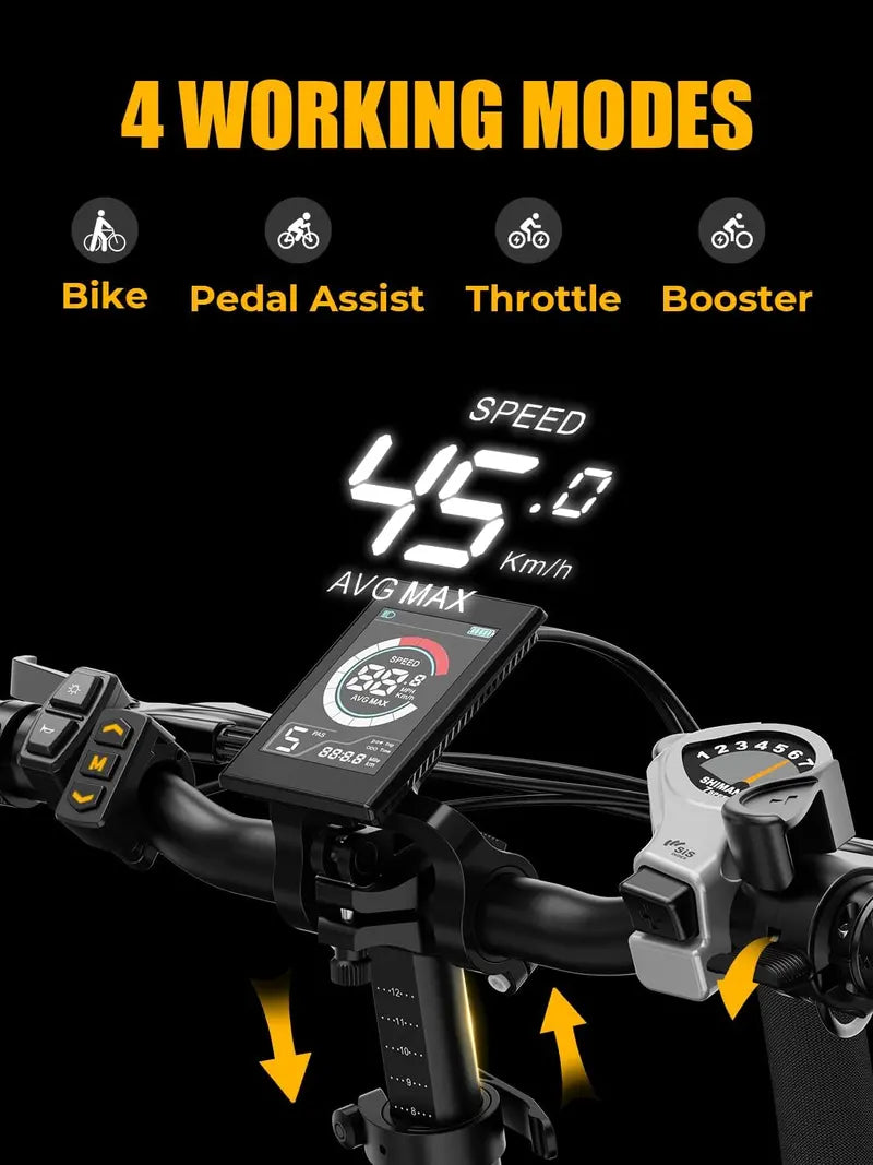 2.0 Electric Fat-Tire E-Bike ¨C 1400W Peak Motor. 45 km/h Top Speed. 20¡Á4¡å All-Terrain Tires. Folding Step-Through Frame