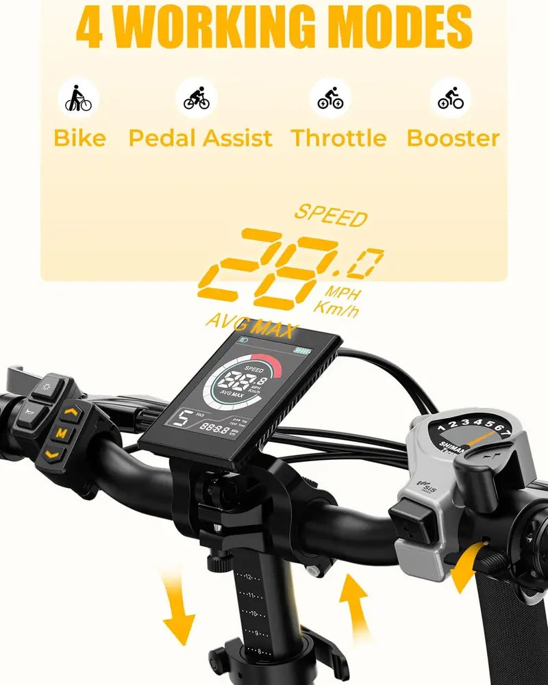 2.0 Electric Fat-Tire E-Bike ¨C 1400W Peak Motor. 45 km/h Top Speed. 20¡Á4¡å All-Terrain Tires. Folding Step-Through Frame