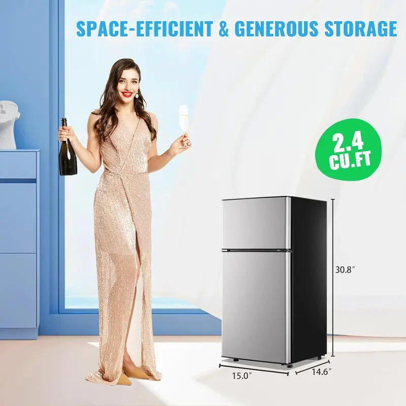 2.4 Cu. Ft Black Mini Fridge ¨C Slim Double-Door Compact Refrigerator with Freezer Compartment & Seven-Position Temperature Control