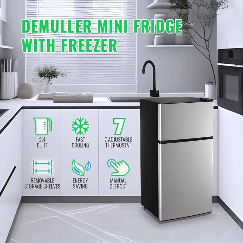 2.4 Cu. Ft Black Mini Fridge ¨C Slim Double-Door Compact Refrigerator with Freezer Compartment & Seven-Position Temperature Control