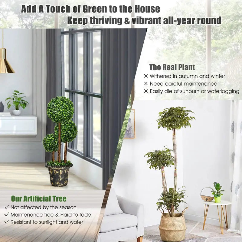 2.5-Foot or 3-Foot Triple-Ball Artificial Boxwood Topiary Tree for Decorative Use