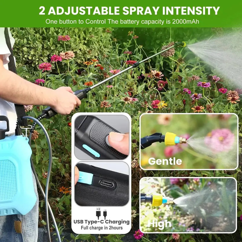 2-Gallon Retractable-Wand Electric Garden Sprayer ¨C 4 Adjustable Nozzles. USB-Rechargeable with 2000mAh Battery