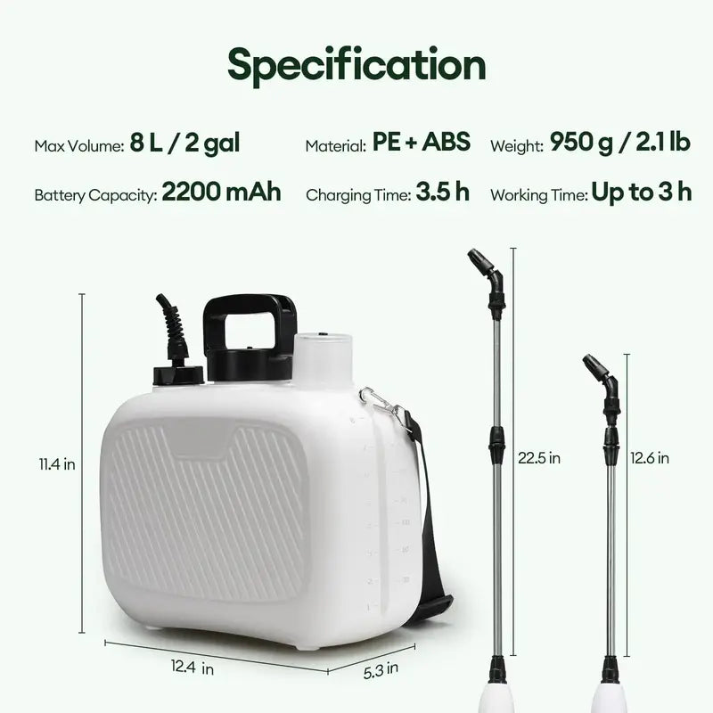 2-Gallon USB-Rechargeable Electric Garden Sprayer ¨C Ergonomic Design with 3 Spray Nozzles and 2200mAh Battery