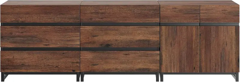 2-in-1 Brown Coffee Bar Sideboard ¨C Modern Storage Cabinet with 3 Drawers & Adjustable Shelf for Living or Dining Areas