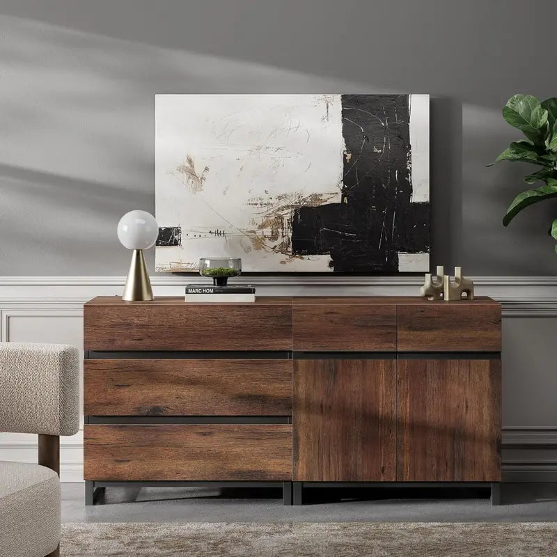 2-in-1 Brown Coffee Bar Sideboard ¨C Modern Storage Cabinet with 3 Drawers & Adjustable Shelf for Living or Dining Areas