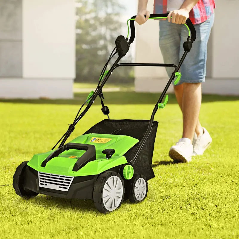 2-in-1 Corded Lawn Dethatcher with Four Adjustable Cutting Depths for Effective Thatch Removal