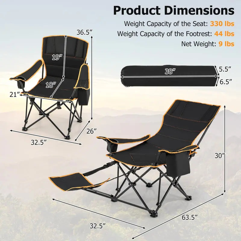 2-in-1 Reclining Camping Chair ¨C Detachable Footrest. 5-Position Back Support & Built-In Cup Holder